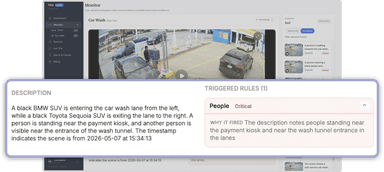 Trio monitor workspace with camera footage, event rail, generated description, and triggered alert rule
