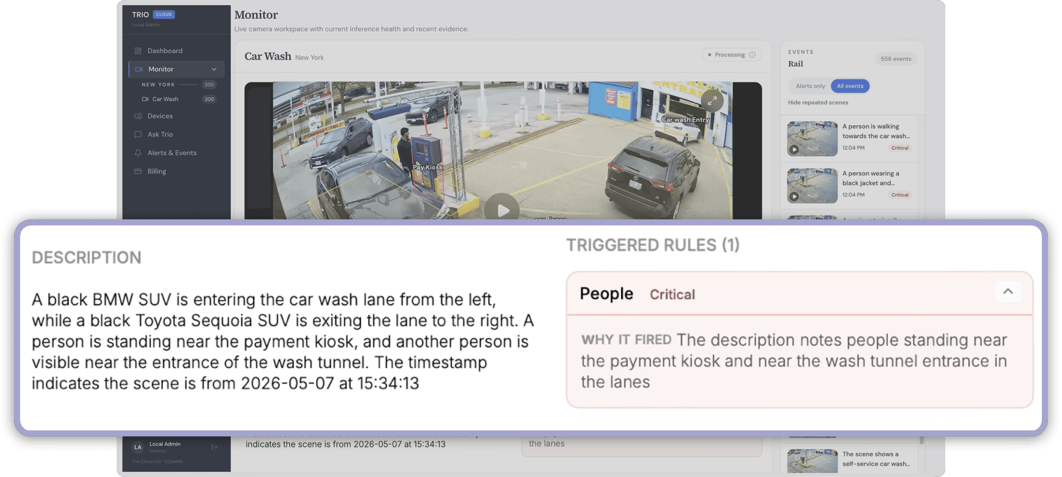 Trio monitor workspace with camera footage, event rail, generated description, and triggered alert rule
