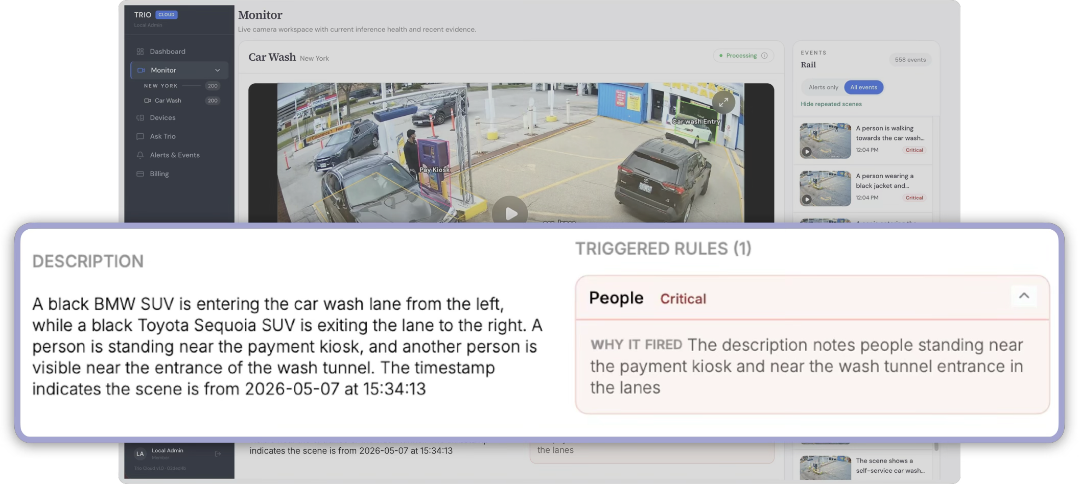 Trio monitor workspace with camera footage, event rail, generated description, and triggered alert rule